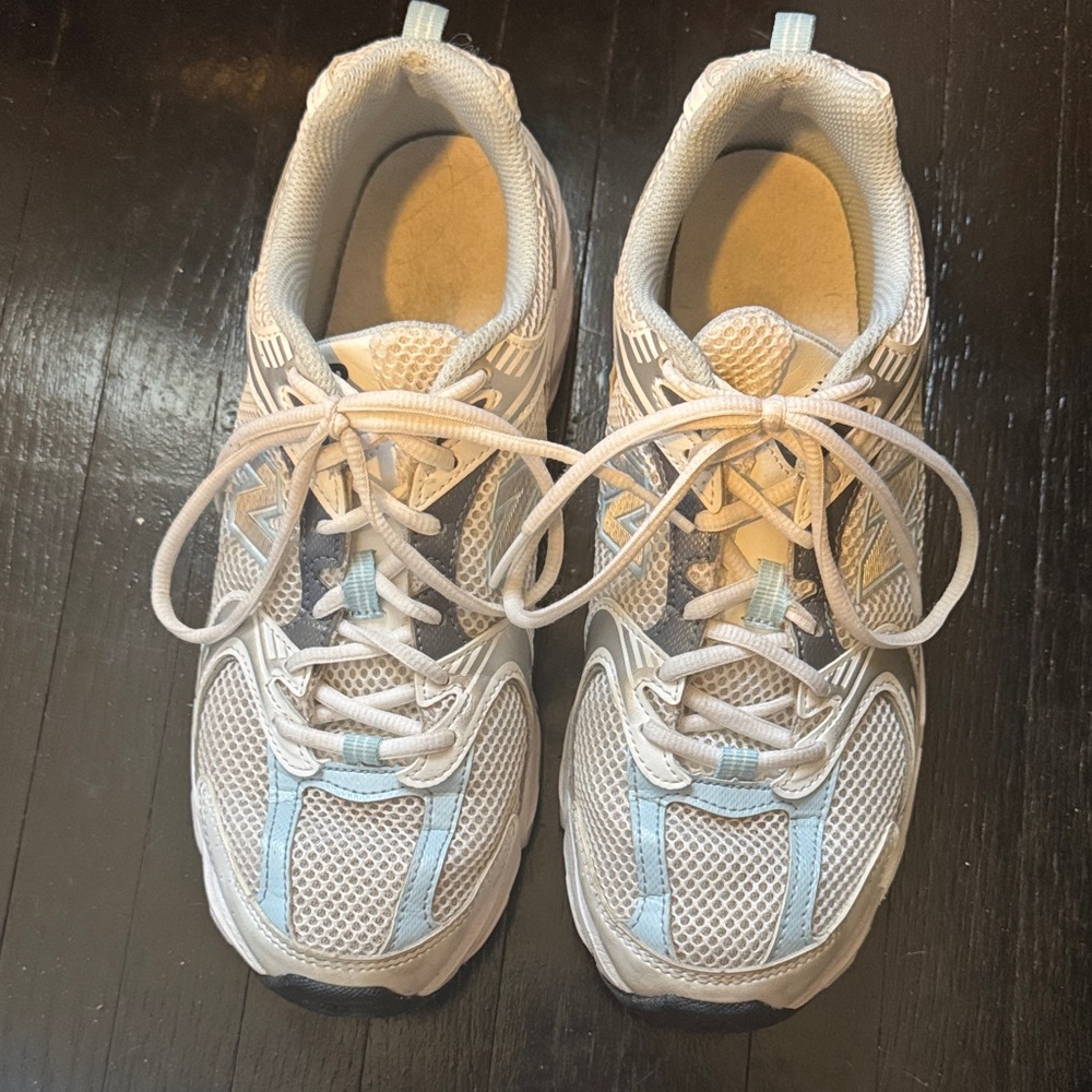 New Balance White and Light Blue Athletic Shoes